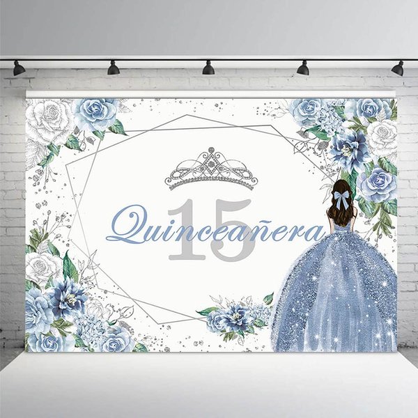 MEHOFOND Quinceanera 15 Backdrop for Sweet 15 Quince Años Girls Party Banner Blue Floral Background Sliver Glitter Crown Princess Quinceañera Birthday Decorations Props Cake Table Supplies 8x6ft