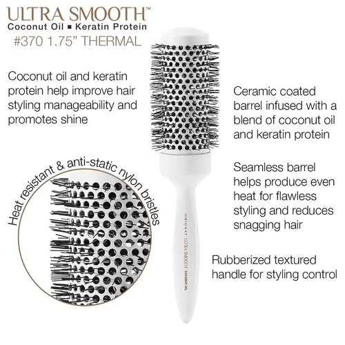 Cricket Ultra Smooth Coconut 1.75” Thermal Ceramic Barrel Hair Brush Anti-Static Heat-Resistant Hairbrush for Blow Drying, Curling and Styling All Hair Types White
