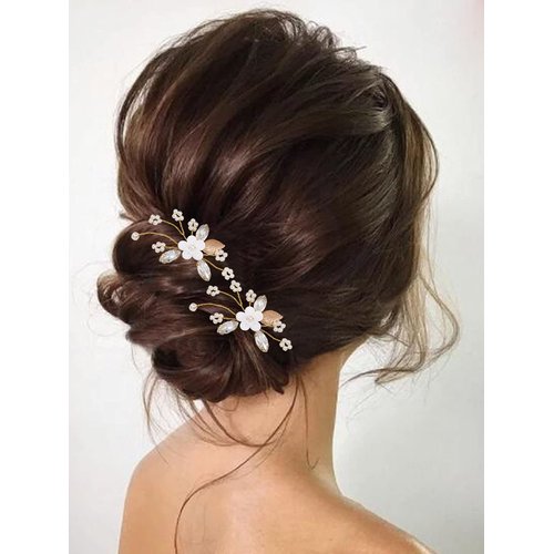 Heread Flower Bride Wedding Hair Pins Crystal Bridal Head Piece Pearl Hair Accessories for Women and Girls (Pack of 2) (C Gold)