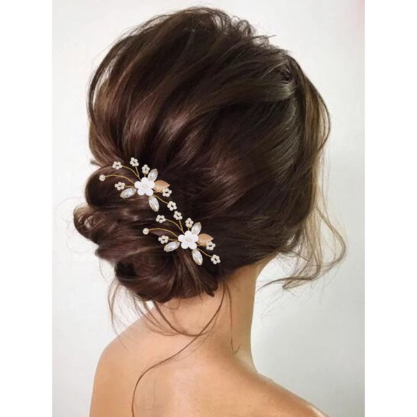 Heread Flower Bride Wedding Hair Pins Crystal Bridal Head Piece Pearl Hair Accessories for Women and Girls (Pack of 2) (C Gold)