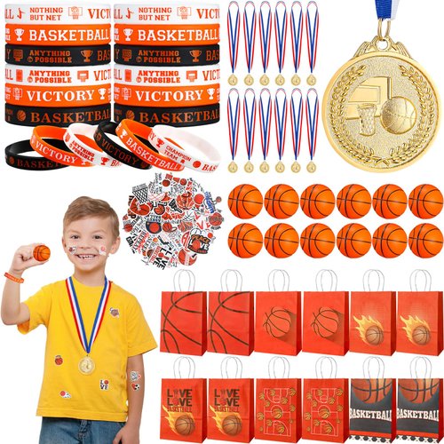 98 Pcs Basketball Party Favors Set for Kid Boy Basketball Team Gift Bulk 12 Basketball Medals 12 Paper Gift Goodie Bag 12 Foam Basketball 50 Stickers 12 Wristband for Classroom Reward Prizes Birthday