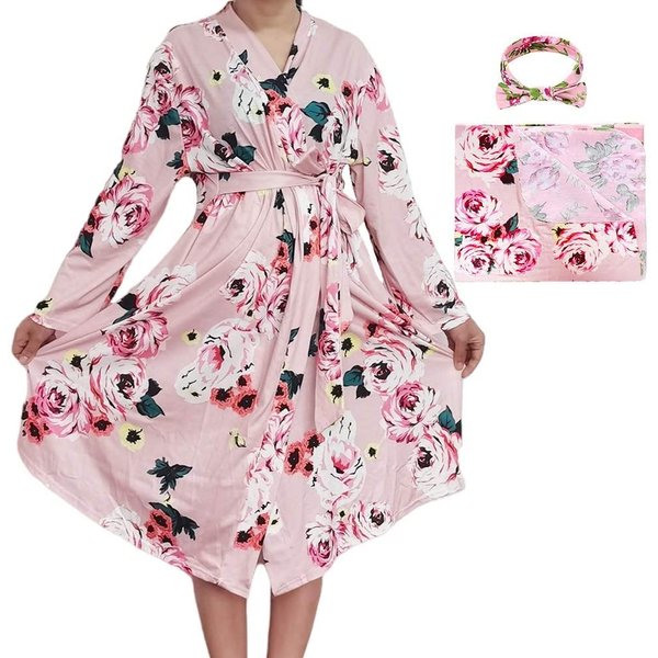 SUFEINI Maternity Robes and Matching Swaddle Blanket Set, Women Mommy Postpartum Robe Hospital Labor and Delivery Gown