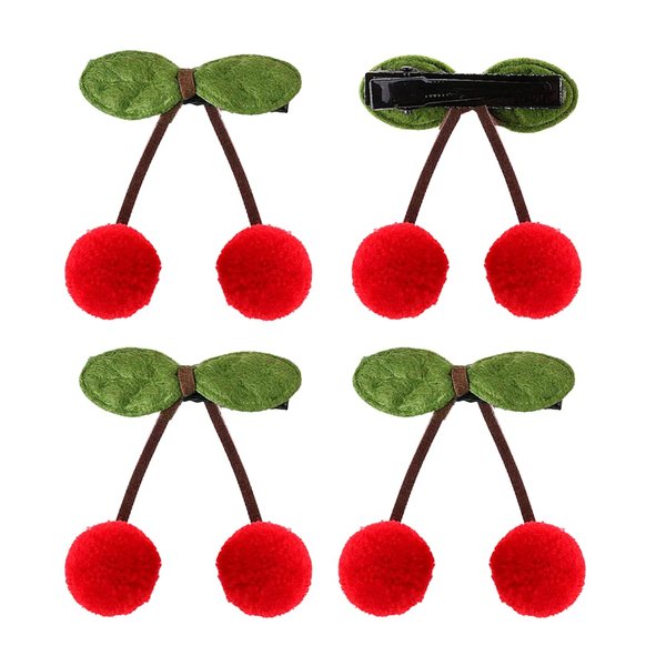 Okdeals 4pcs Sweet Cherry Ball Shape Hair Clip Green Leaves Hairpins for Women Girls, Trendy Cherry Fur Pompom Hair Clips, Cherry Hair Ornaments Kids Hair Barrette (Red Cherry Ball)