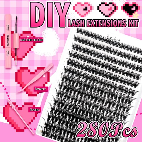 SKY MANGO DIY Lash Extension Kit 280pcs Clusters Eyelash Extension Kit 40D 8-16mm Individual Lashes Kit with Lash Bond and Seal, Lash Tweezers, Lash Brush for Beginners