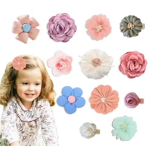 YAOKUA 12PCS Flower Hair Clips Hair Bows,Fully Lined Non Slip For Hair Barrettes Handmade Colourful Hair Accessories For Girls