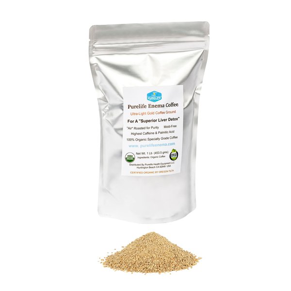 Purelife Enema Coffee - 1 Lb Organic Ultra LIght "Gold" Air Roast - Lab Tested Mold, Fungus & Mycotoxin Free - Specialty Grade Pre-Ground - Gerson Accepted for Superior Liver Detoxification