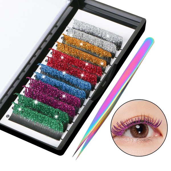 Colored Glitter Lash Extensions, UHOMENY 6 Color False Lashes for Eyelash Extensions D Curl Cosplay Eye Lashes Individual Lashes Self Fanning Eyelash Extension with Tweezers, 0.15D, Mix 15-20mm