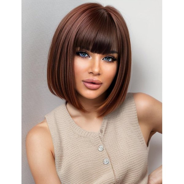 Getshow Brown Bob Wigs for Women,Synthetic Wig with Bangs