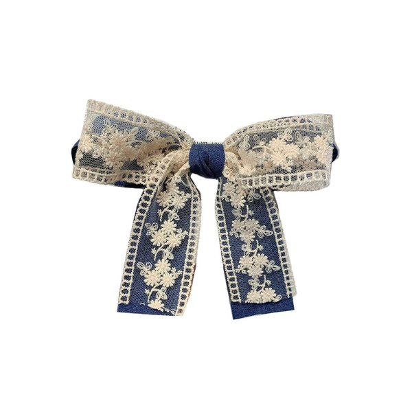 Blue Denim Lace Bow Hair Clips Blue Jeans Lace Hairpin Denim Lace Hair Bow Pin BW18 (A2-Dark Blue)