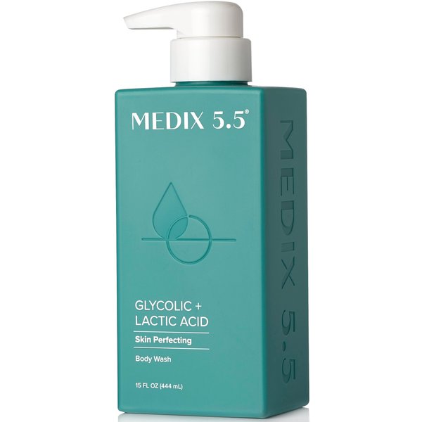 MEDIX 5.5 Body Scrub Skin Care Glycolic Acid Exfoliating Body Cleanser KP Bump Eraser | AHA + Lactic Acid Anti Aging All Skin Type Wash | Keratosis Pilaris & Acne | Foaming Body & Face Wash, 15 Fl Oz