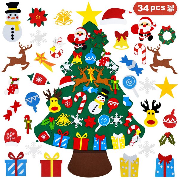 THAWAY DIY Felt Christmas Tree for Toddlers with 34 pcs Detachable Ornaments, Kids Door Wall Hanging Xmas Gifts Christmas Decorations