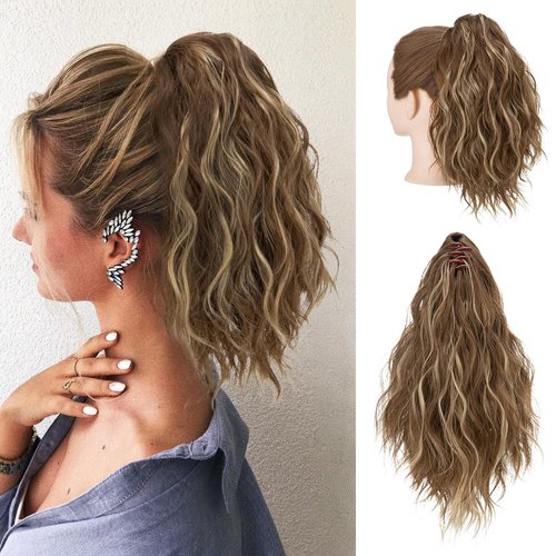 SARLA Short Ponytail Extension Claw Clip in 13 Inch Fluffy Synthetic Curly Wavy Pony Tail Hairpiece for Women Brunette/Ash Blonde