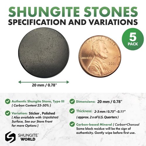 Shungite World Authentic Shungite Sticker for Phone Case Tablet Laptop Computer - Round Dot Healing Energy Shungite Stones Protection Plate with Carbon Fullerenes 5 Pack (Polished, 20 mm / 0.78")