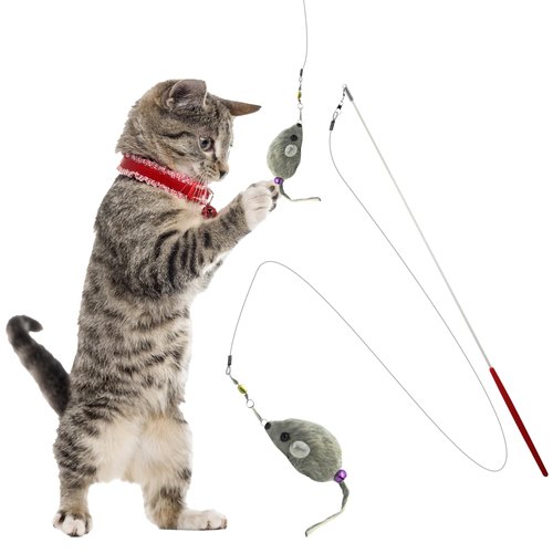 Kats'N Us Rabbit Fur Cat Toy Wand - Furry Mouse with Bell, Interactive Toy Mice for Cats, Cat Entertainment Wand Toy - Grey 2 Inch Mouse