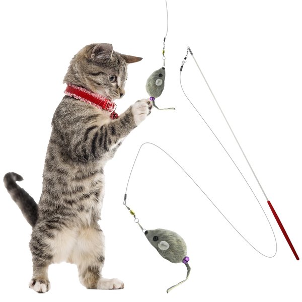Kats'N Us Rabbit Fur Cat Toy Wand - Furry Mouse with Bell, Interactive Toy Mice for Cats, Cat Entertainment Wand Toy - Grey 2 Inch Mouse