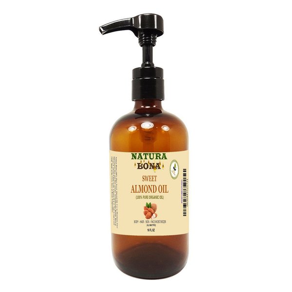 Natura Bona Organic Sweet Almond Oil 16 oz Pump Amber Glass Bottle - 100% Pure Cold-Pressed; Hexane Free, Non-GMO - Use for Aromatherapy, Skin & Hair Moisturizer