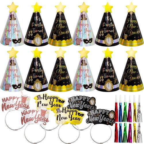 ceiba tree Happy New Years Eve 2025 Party Supplies Accessories 12pcs Hats 12pcs Headbands Tiara 12pcs Squawkers New Year’s Eve NYE Decorations Favors