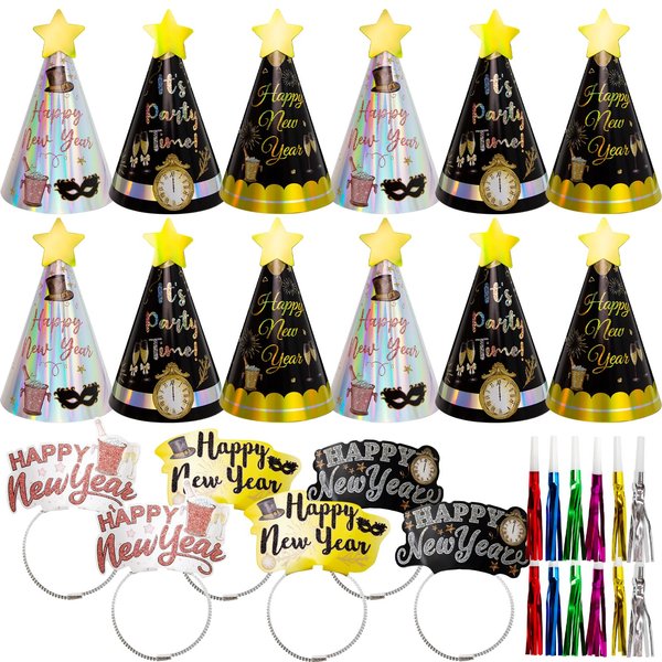 ceiba tree Happy New Years Eve 2025 Party Supplies Accessories 12pcs Hats 12pcs Headbands Tiara 12pcs Squawkers New Year’s Eve NYE Decorations Favors