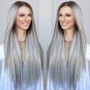 K'ryssma 13x6 Lace Front Wig Highlight Ash Blonde Grey Synthetic Lace Front Wigs Pre Plucked for Women Glueless Long Bone Straight Ombre Cyan Gray 13x6 Lace Frontal Wig 24 Inches