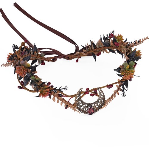 MOSTORY Handmade Moon Flower Crown Headpiece Burgundy Floral Elf Circlet Woodland Forest Headband for Witch Devil Queen Carnival Renaissance Fest Halloween Cosplay Prom Wedding Red
