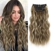QGZ Clip in Long Wavy Hair Extensions Synthetic 4 PCS Thick Hairpieces for Women 20 Inch Long Fiber Hair Extension for Daily Party Use (Medium Brown Highlighted Blonde)