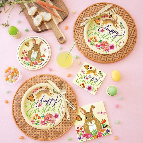 Unique Round Dessert Paper Plates - 7" | Floral Easter Bunny | 8 Pcs