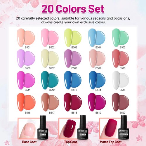 JODSONE 20 Color Vibrant and High Shine Gel Nail Polish Kit with 3 PCS Base Coat and Matte and Glossy Top Coat