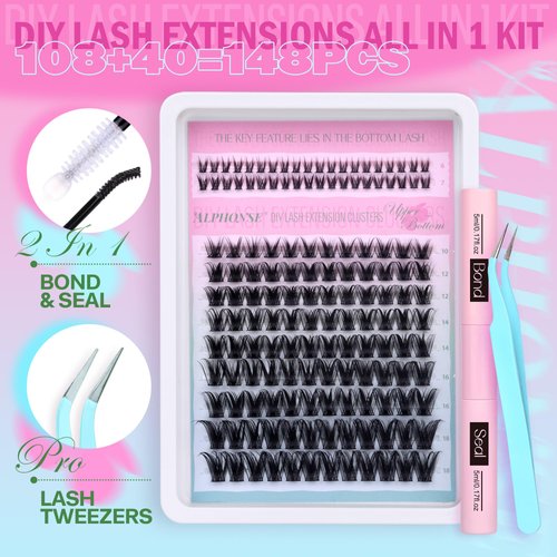 Wispy Lash Clusters Kit with Bottom Lashes 148pcs Cluster Eyelash Extensions Kit 10-18MM Individual Lashes Extension DIY Lash Kit with Bond and Seal Lash Glue by ALPHONSE