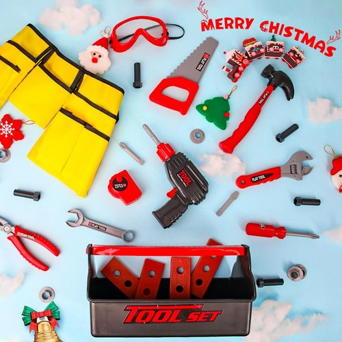 LOYO Kids Tool Set - Pretend Play Construction Toy with Tool Box Kids Tool Belt Electronic Toy Drill Construction Accessories Gift for Toddlers Boys Ages 3 , 4, 5, 6, 7 Years Old (red)
