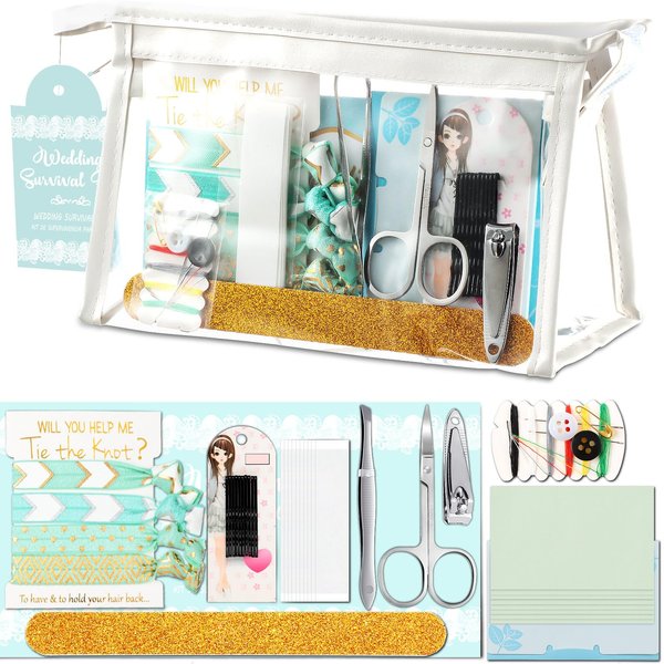Chumia 132 Pieces Wedding Survival Kit Wedding Day Bridal Emergency Kit Bridal Party Proposal Gifts Mini Emergency Kit for Women with Makeup Bags Wedding Bride Emergency Supplies (Mint Style)