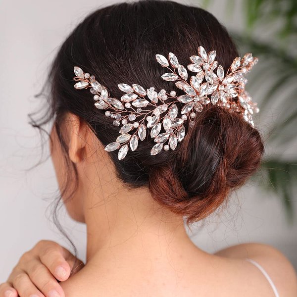 BERYUAN Wedding Rose Gold Rhinestone Crystal Flower Hair Comb Bridal Headpieces for Wedding Bridal Headpiece Wedding Headpiece for Bride for Women Girls (ROSE GOLD)