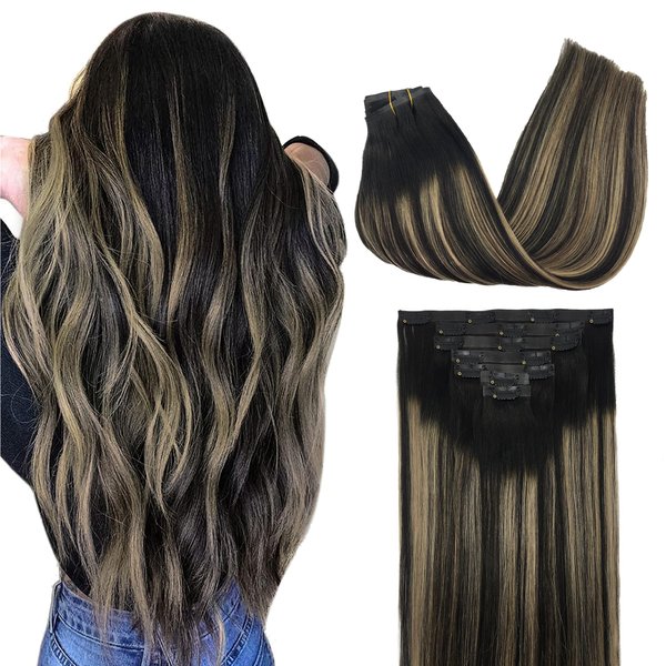 GOO GOO Clip in Hair Extensions Real Human Hair, 22inch 151g 7Pcs, 1B/16/1B Balayage Natural Black to Light Blonde, Remy Human Hair Extensions Clip ins for Women, Natural Human Hair