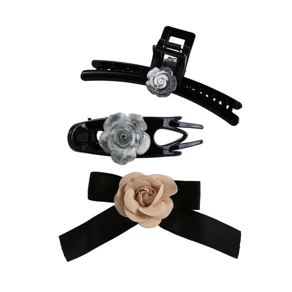 GUEDKIKL 3pcs Camellia Hair Clips, Velvet Big Bowknot Hair Clips with Camellia Flower, Elegant Camellia Flower Shark Clip Crab Clip for Women Girls