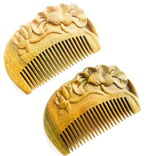 Sitronugras Pocket Size Green Sandalwood Hair Comb，No Static Natural Hair Comb – Fine Tooth Wooden Comb for Women Kids with Flower carved 2pcs with free pouch
