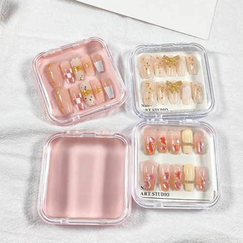 SUKPSY 4pcs Plastic Press on Nail Storage Box with Adhesive Double Sided Tape Fake Nail Display Storage Box Acrylic Nail Packaging Box for Nail Salon Home Storage Supplies(Pink/Clear)