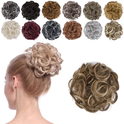 Elaine Messy Bun Hair Piece for Women, Thick Curly Hair Bun Scrunchies Synthetic Wavy Bun Hair Extensions Chignon Ponytail Updo Hairpieces Golden Brown Mixed -#60