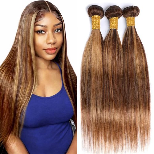 Biliisyff P4/27 Ombre Straight Bundles Human Weave Hair Highlight Brown Bundles Brown and Blonde Bundles Brazilian Human Hair Bundles Two Tone Remy Hair Extensions for Black Women(22 24 26 inch)