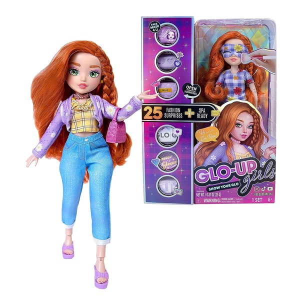 Far Out Toys GLO-UP Girls Rose Redhead Fashion Doll, 25 Fabulous Suprises, Accessories, Purses, Bath Bomb, Spa Face Masks, Color-Changing Nail Play