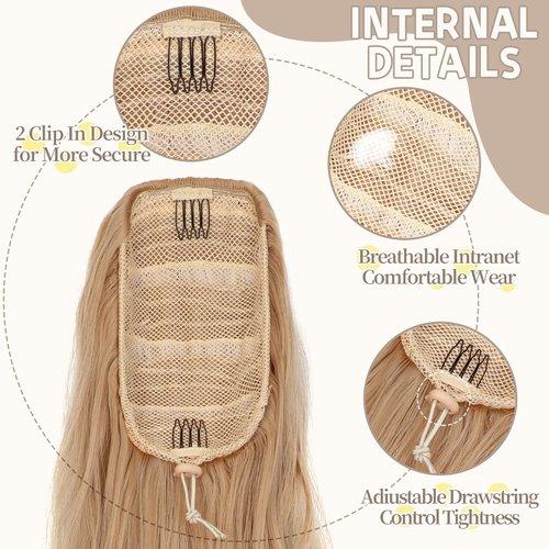 Fanguilar Ponytail Extension 24 Inch Long Curly Wavy Drawstring Ponytail Extension Synthetic Hair Extensions Ponytail for Women Daily Use Ash Blone Mix White