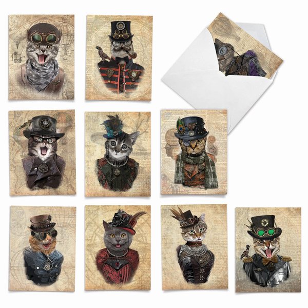The Best Card Company 10 Assorted Thank You Notecards Bulk Box Set 4 x 5.12 Inch with Envelopes (10 Designs, 1 Each) Steampunk Cats M6554TYG