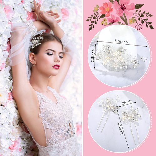 3 Pieces Bride Wedding Hair Pins Bridal Rhinestone Hair Clips Pearl Hair Combs Wedding Hair Accessories Elegant Hair Pieces for Women Girls Hair Decoration Supplies, 3 Types (Silver)