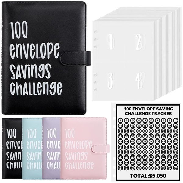 Luweoxy 100 Envelope Challenge Binder Money Saving Binder, Easy and Fun Way to Save $5,050, Cash Stuffing Binder Budget Planner Savings Challenge Book (Black)