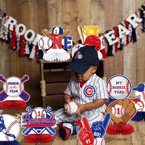 9Pcs Baseball 1st Birthday Table Honeycomb Centerpieces, Rookie of the Year 1st Birthday Party Decorations, Baseball Themed My Rookie Year One Year Old Birthday Party Supplies