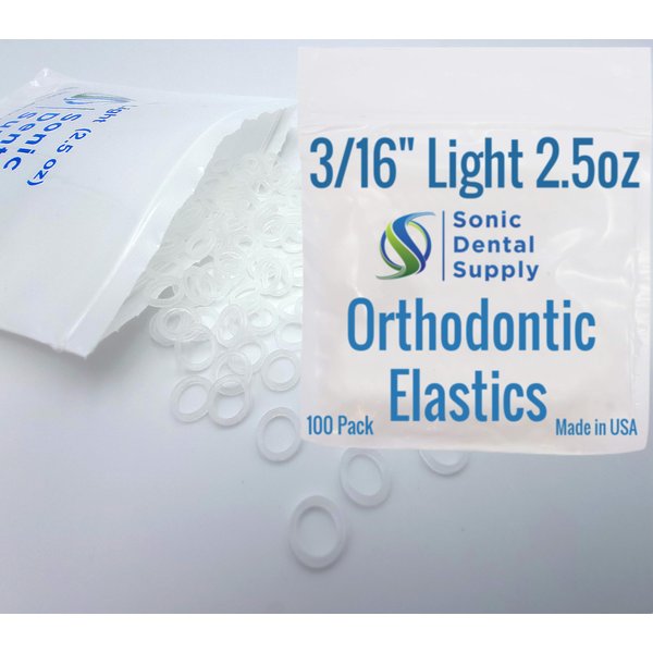 Orthodontic Elastic Rubber Bands - 100 Pack - Clear Latex Free - Sonic Dental Supply - Made in USA (3/16" Light 2.5 oz)
