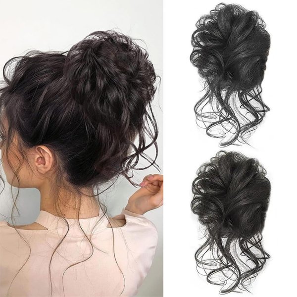 RUSTAMM 2Pcs Messy Bun Hair Piece Curly Long Tousled Updo Hair Extensions With Elastic Hair Bands Women Girls Ponytail Hairpieces (Black, Natural black)