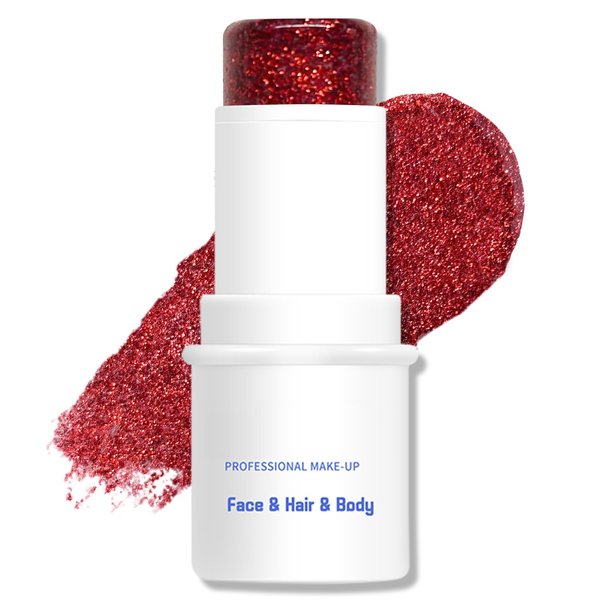 Jutqut Body Glitter Stick, Chunky Glitter Gel for Face Body Hair, Red Glitter Face Glitter Gel Makeup, Sparkling Holographic Mermaid Sequins Paint, Waterproof Multiuse Glitter Face Paint, 07#Red