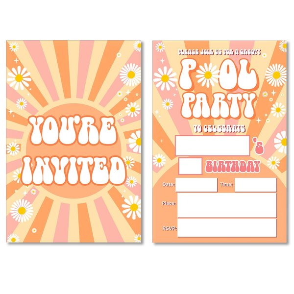Soiceu Pool Party Birthday Invitations with Envelopes Set of 20, Groovy Daisy Pool Party Invites Fill in Blank