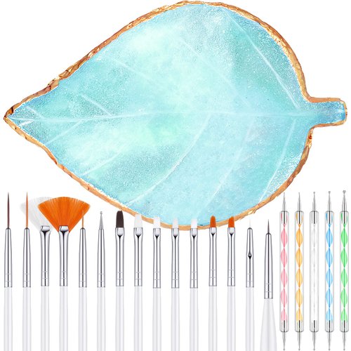 21 Pieces Nail Tools Kit, Resin Nail Palette Leaf Shape Mixing Palette and 20 Pieces Nail Design Brushes Golden Edge Resin Nail Holder Nail Gel Polish Colors Mixing Pallet (Blue)