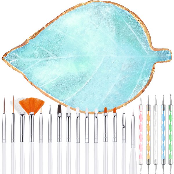 21 Pieces Nail Tools Kit, Resin Nail Palette Leaf Shape Mixing Palette and 20 Pieces Nail Design Brushes Golden Edge Resin Nail Holder Nail Gel Polish Colors Mixing Pallet (Blue)