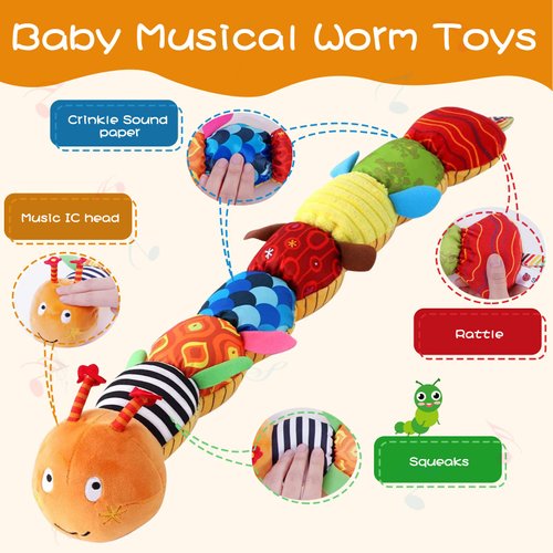 ZUCOOP Baby Musical Worm Soft Infant Toy, 6 Different Sensory, Crinkle and Rattle Stuffed Animals for Newborn Toy Tummy Time 0-3-6-12 Months Old Girl Boy Gifts, Cuddly Caterpillar